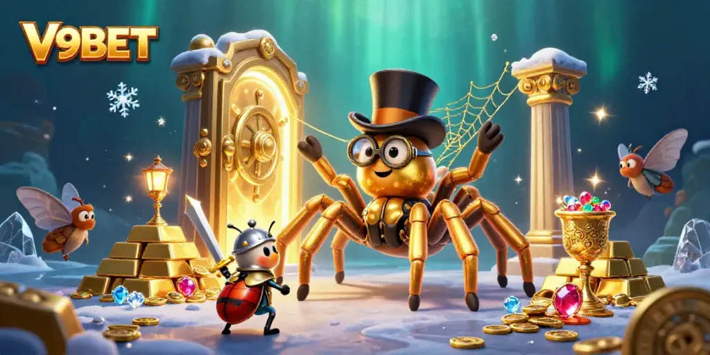 Engage in thrilling V9BET adventures with vibrant casino characters and golden treasures.