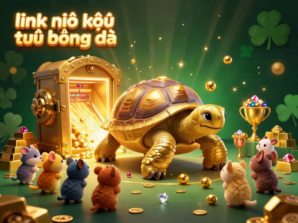 Engage with "link vào kết quả bóng đá" in this vibrant 3D scene featuring a colossal tortoise pinball machine surrounded by golden treasures and excited animals.