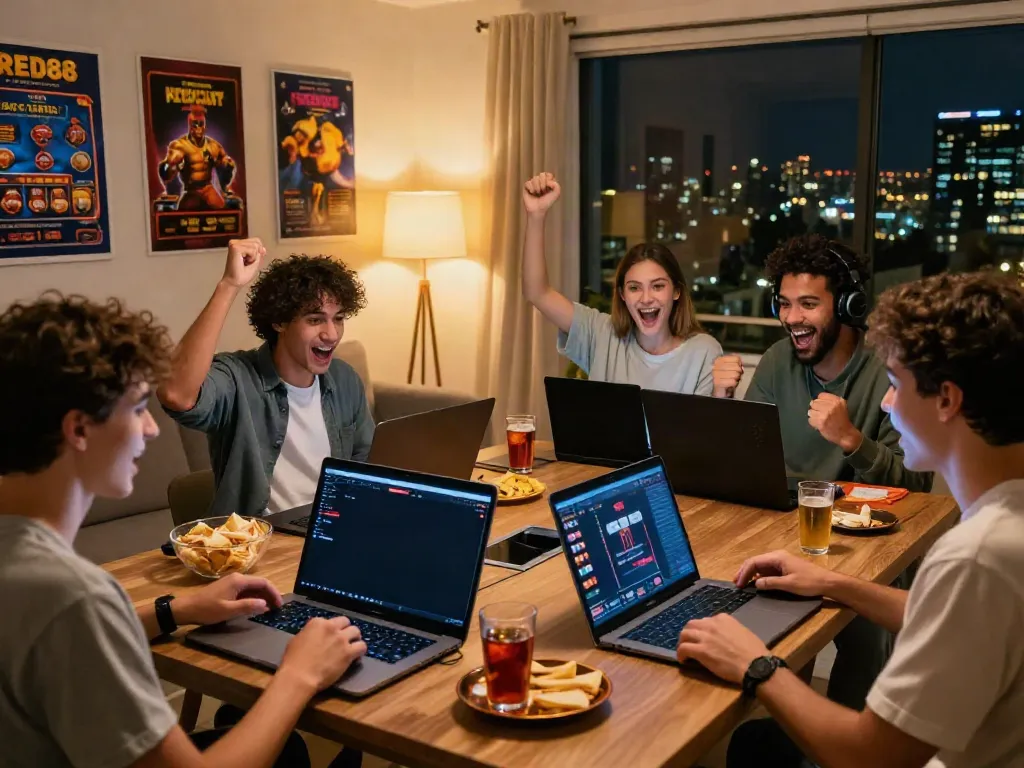 Friends celebrating a win on RED88 gaming platform in a cozy living room setting.