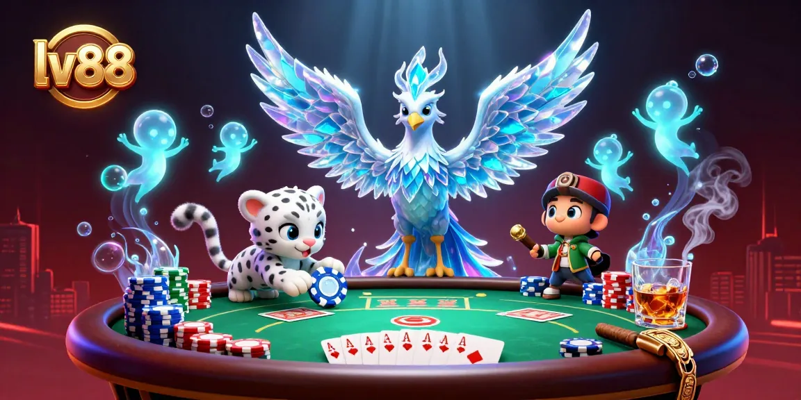 Engage in thrilling gameplay at lv88 with a vibrant illustration of an ice phoenix, poker elements, and energetic sprites.