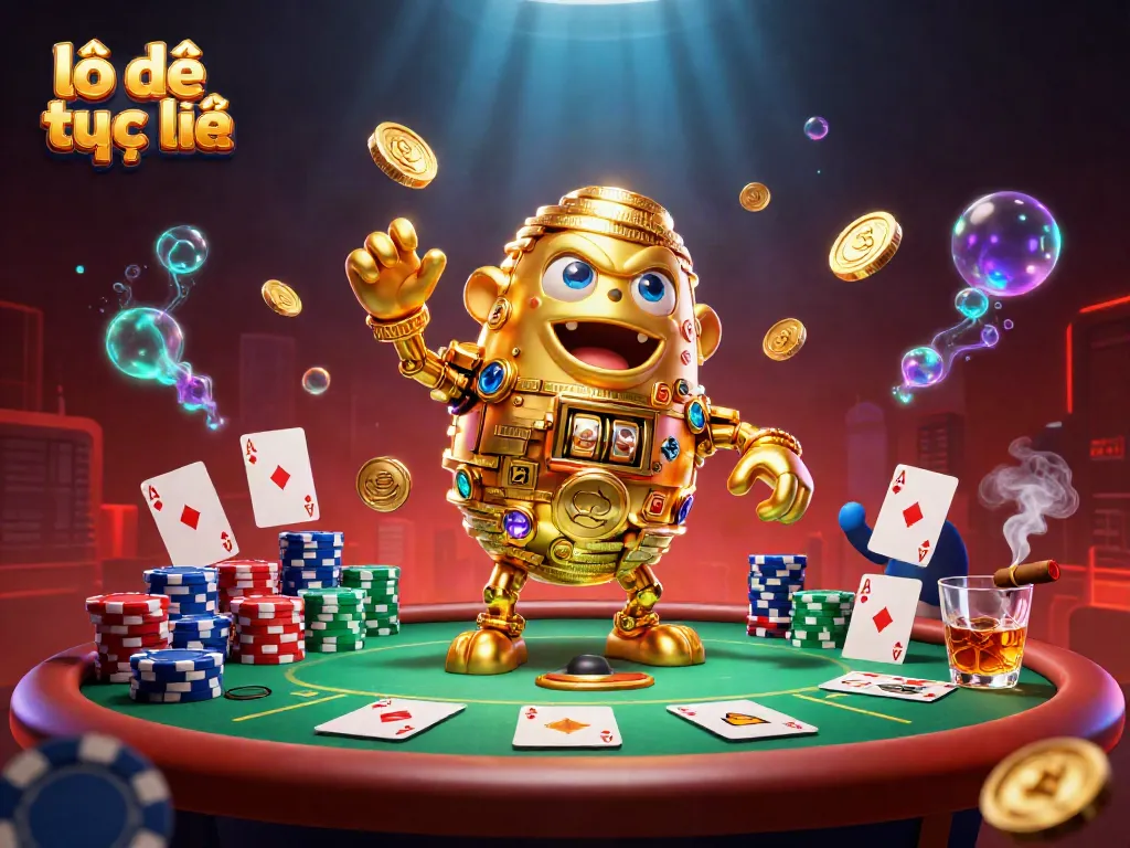 The golem made of gold coins represents lô đề trực tuyến surrounded by gambling elements like poker chips and cards.