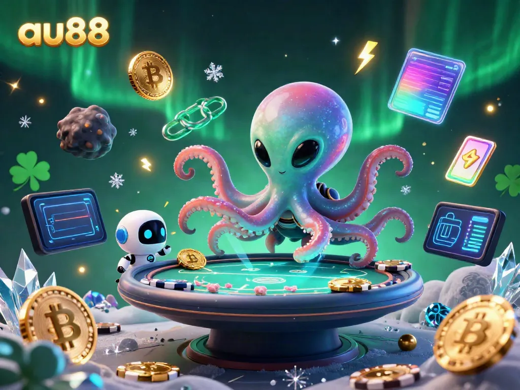 Engage with thrilling poker action at au88 as a playful alien octopus deals cards at a holographic table surrounded by swirling cosmic coins.