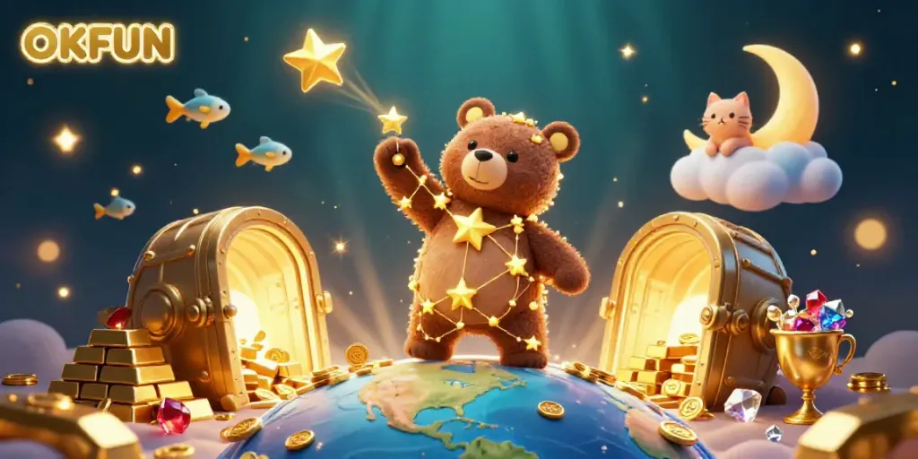 Engage with the dynamic, vivid OKFUN casino scene featuring treasures and characters in spectacular 3D.