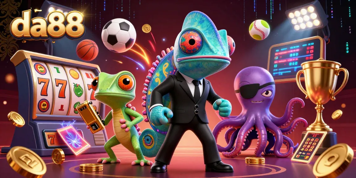 Engage in thrilling casino play at da88 with a dynamic 3D illustration featuring colorful characters.