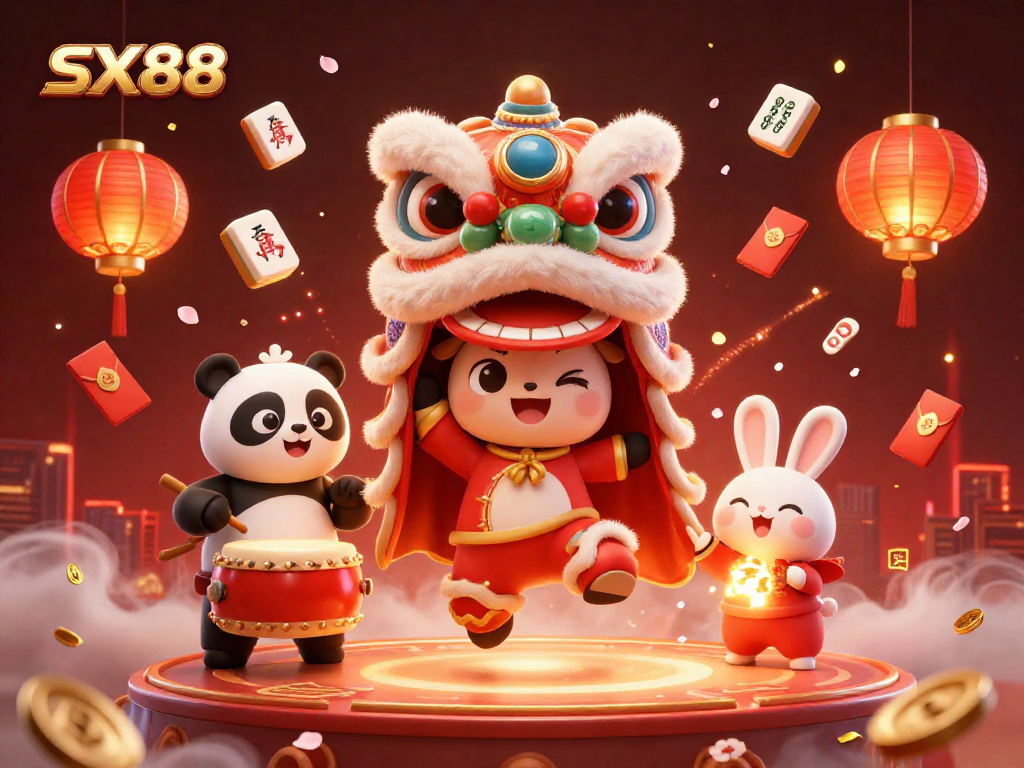 SX88 offers an energetic scene with a lion dance, drumming panda, and firecracker rabbit celebrating vibrant gaming.