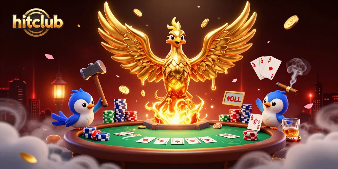 Hitclub players engage in high-stakes poker surrounded by golden phoenix coins, vibrant casino atmosphere.