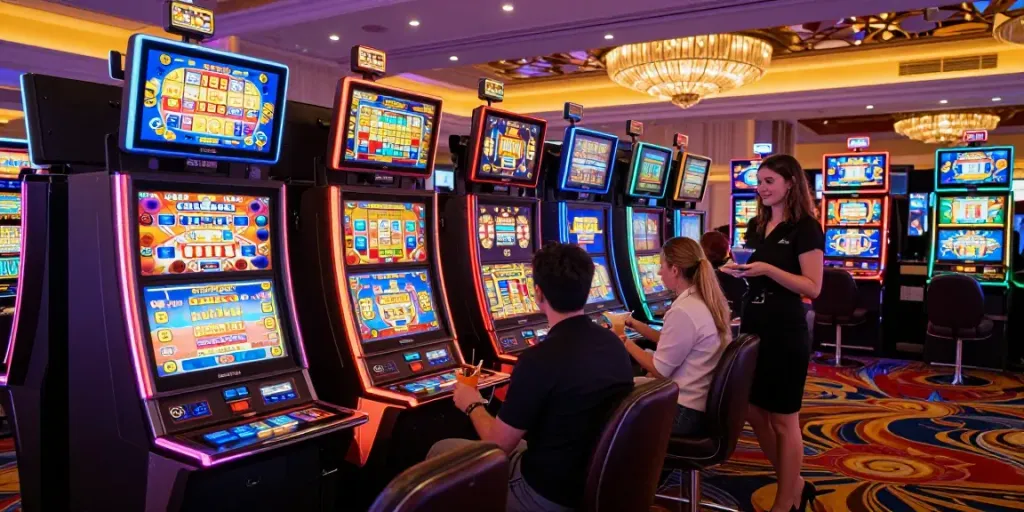 Pengalaman bermain slot di kasino modern dengan mesin slot berwarna-warni.