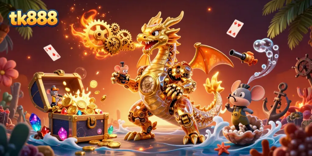 Experience thrilling adventures at tk888 with the golden dragon breathing gears and gems, illustrating online casino excitement
