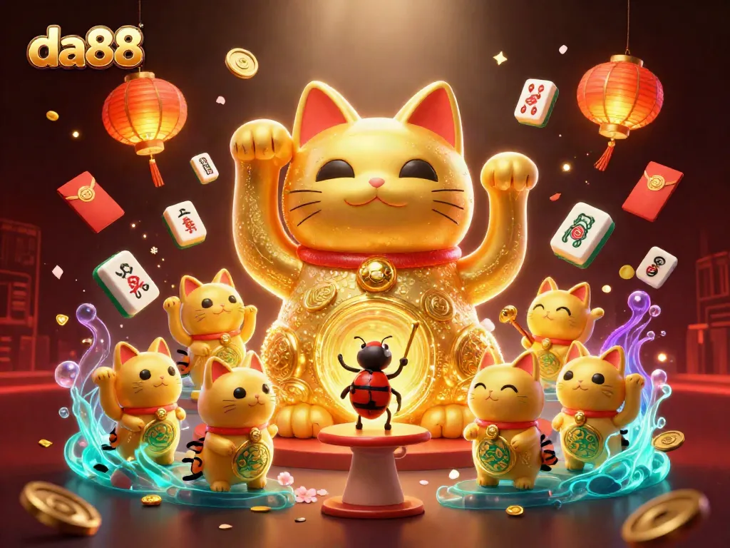 Experience the excitement of da88 casino with a vibrant illustration of lucky symbols and a charming lucky cat.
