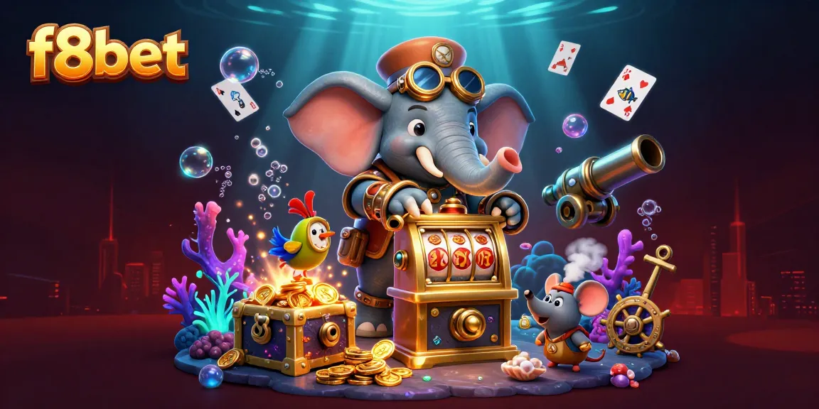 Spin the golden f8bet slot machine while surrounded by vibrant casino elements and treasures.