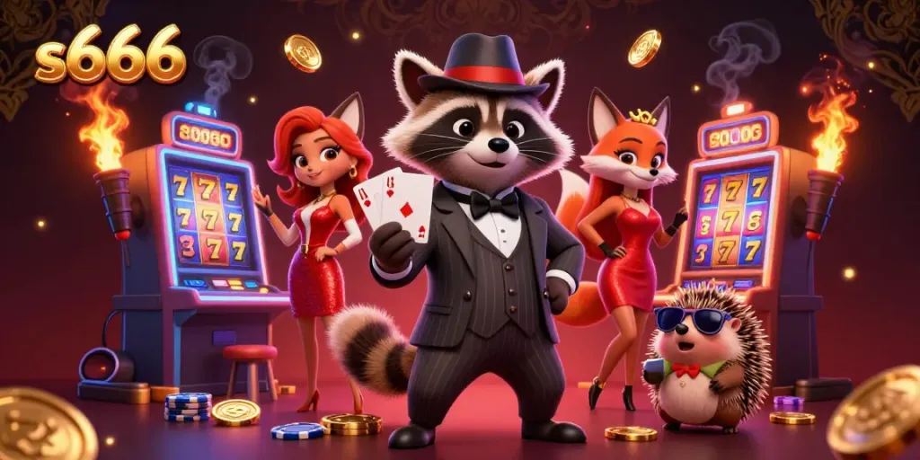 S666 casino features a suave raccoon and fox enjoying a dynamic gaming atmosphere with slot machines and poker chips.