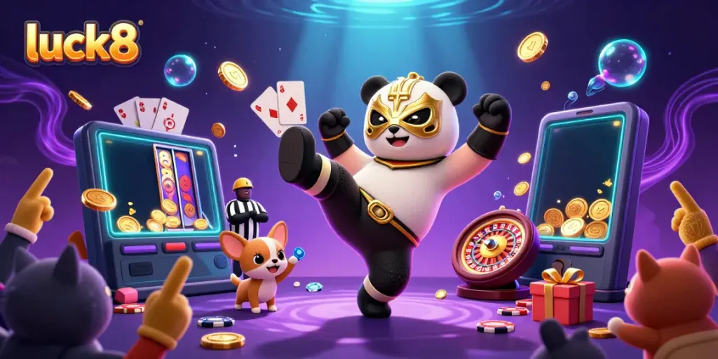 Experience high-energy gambling with luck8, featuring a panda wrestler executing a flying kick amidst vibrant slot game elements.