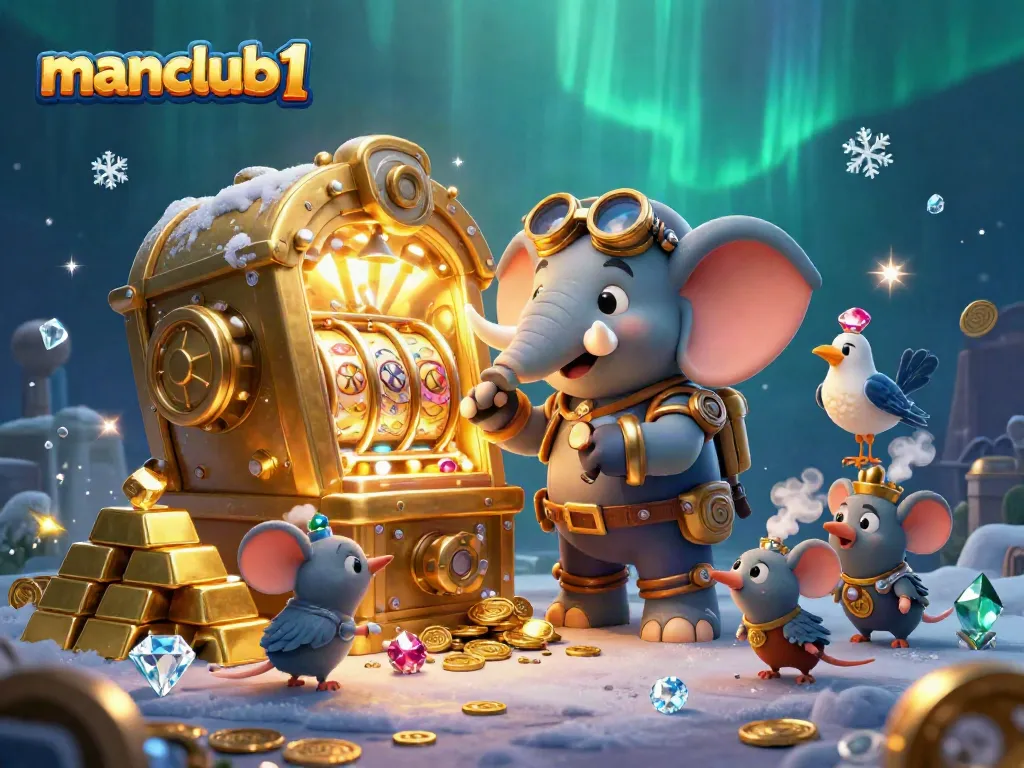 Experience the thrilling gameplay of manclub1 as the steampunk elephant spins the slot machine amidst glowing treasures.