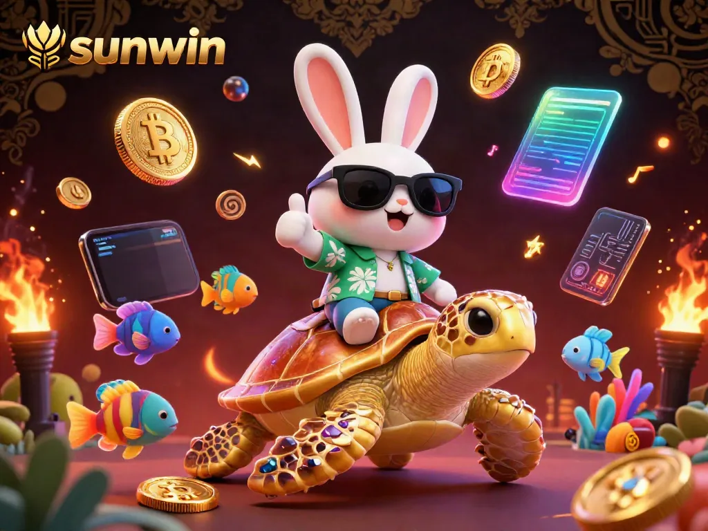 Experience winning moments with sunwin in a vibrant 3D casino scene featuring a lucky rabbit and golden sea turtle.