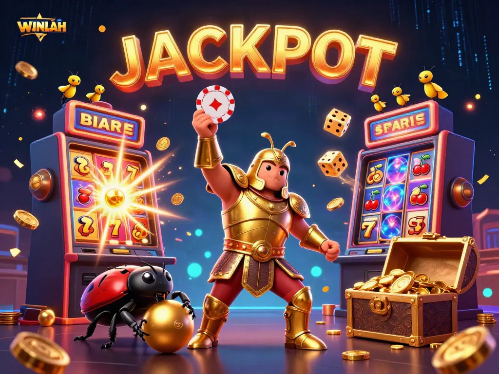 WINLAH offers a vibrant jackpot scene featuring cartoon characters celebrating big wins in a casino