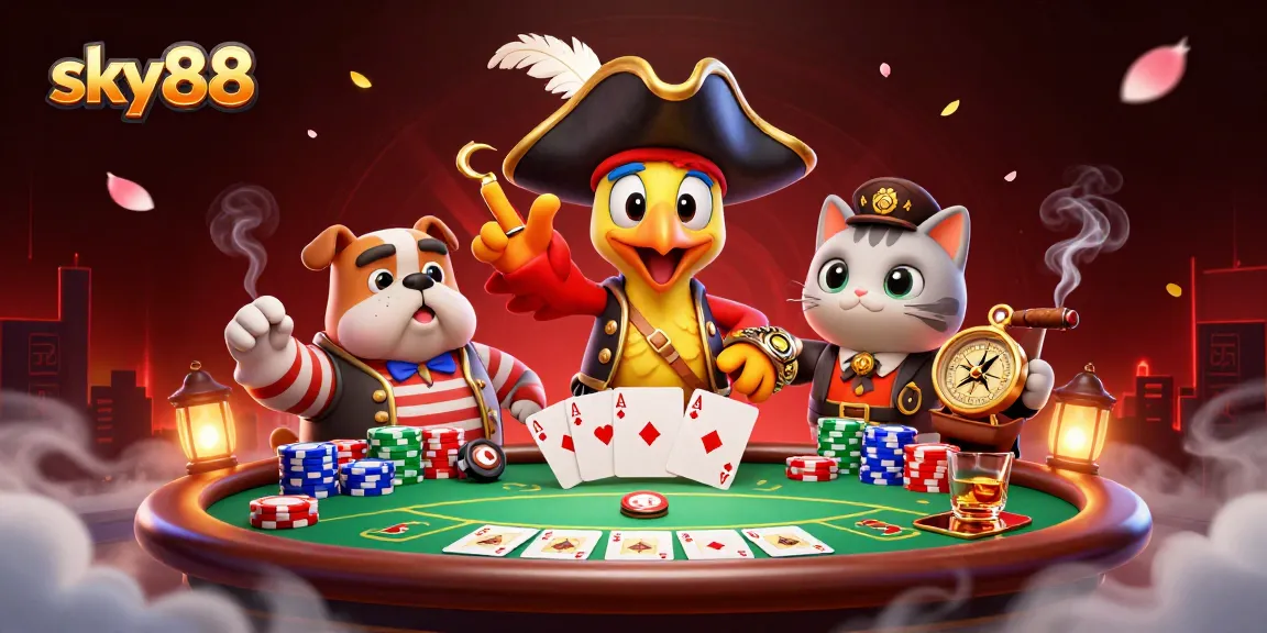 Experience thrilling poker games at sky88 with colorful characters and engaging visuals.