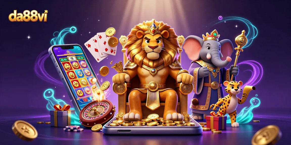 Engage in thrilling casino adventures with da88vi, featuring slot reels and a vibrant lion king.