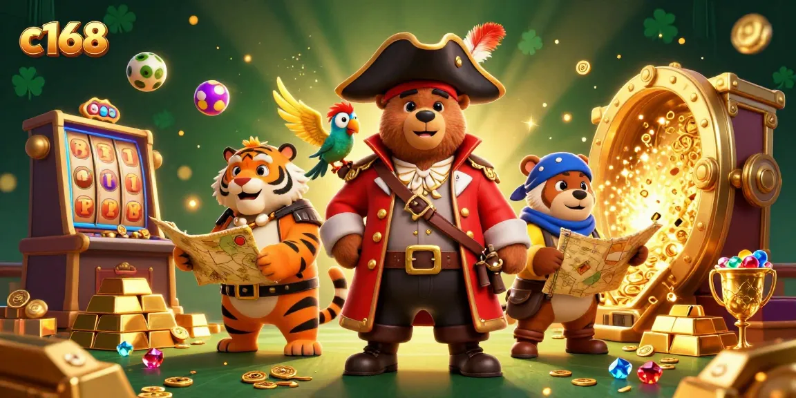 C168 online casino scene showcasing a pirate captain bear and tiger amid gold and lottery elements.