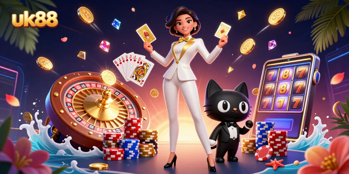 Win big with uk88 as a glamorous player shuffles cards surrounded by vibrant casino elements.