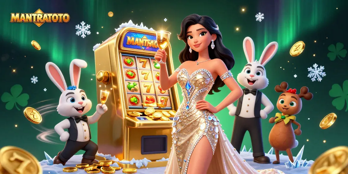 Experience the excitement of MANTRATOTO with a glamorous woman celebrating near a jackpot slot machine.