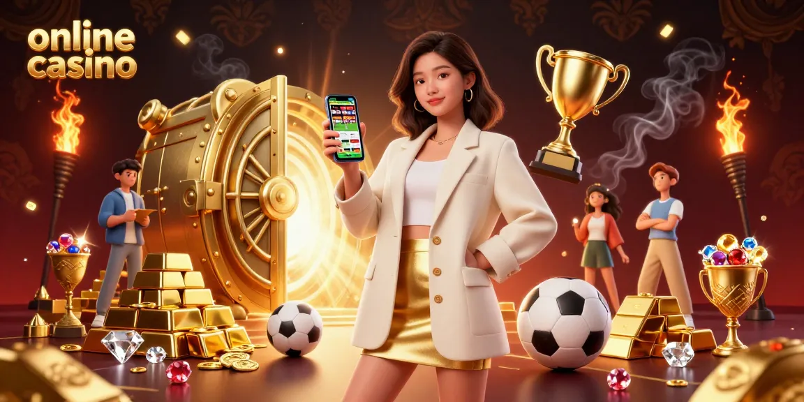 Engaging online casino scene with a beautiful woman holding a sports betting app, surrounded by luxurious elements.