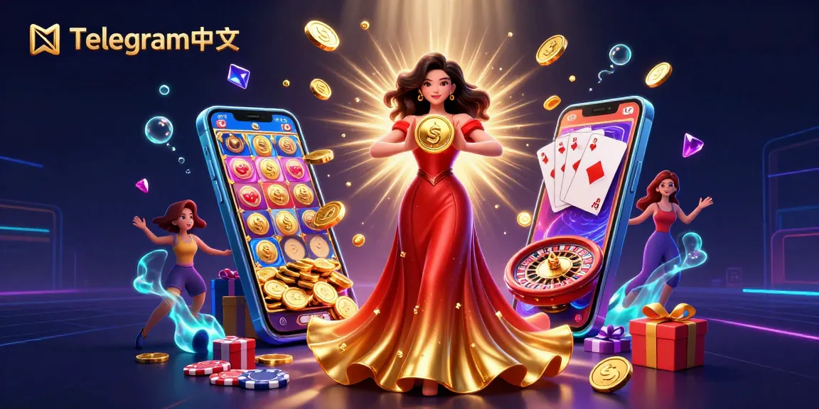 在一个充满活力的赌场场景中，一位迷人的女性手持象征成功的金币，体验Telegram中文的惊艳视觉。
