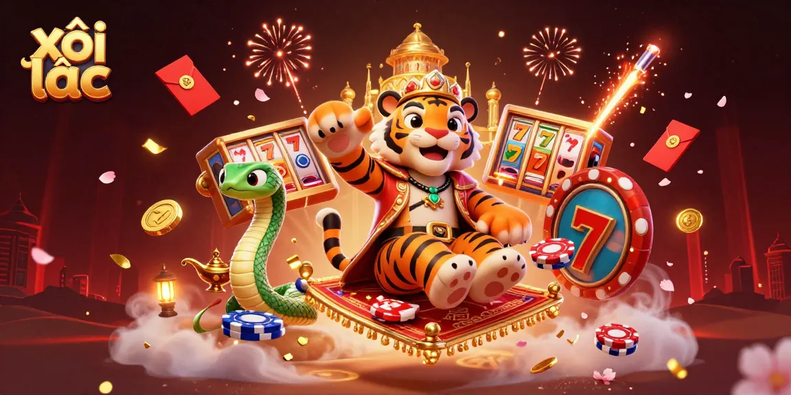 Xôi lạc transformed into an exciting casino scene with a tiger sultan, flying carpet, and dynamic slot elements.