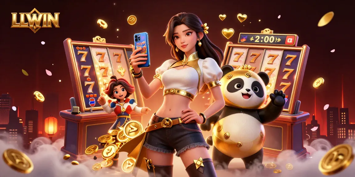 Experience the thrill at LLWIN with vibrant 3D illustration showcasing dynamic slot games and engaging characters.