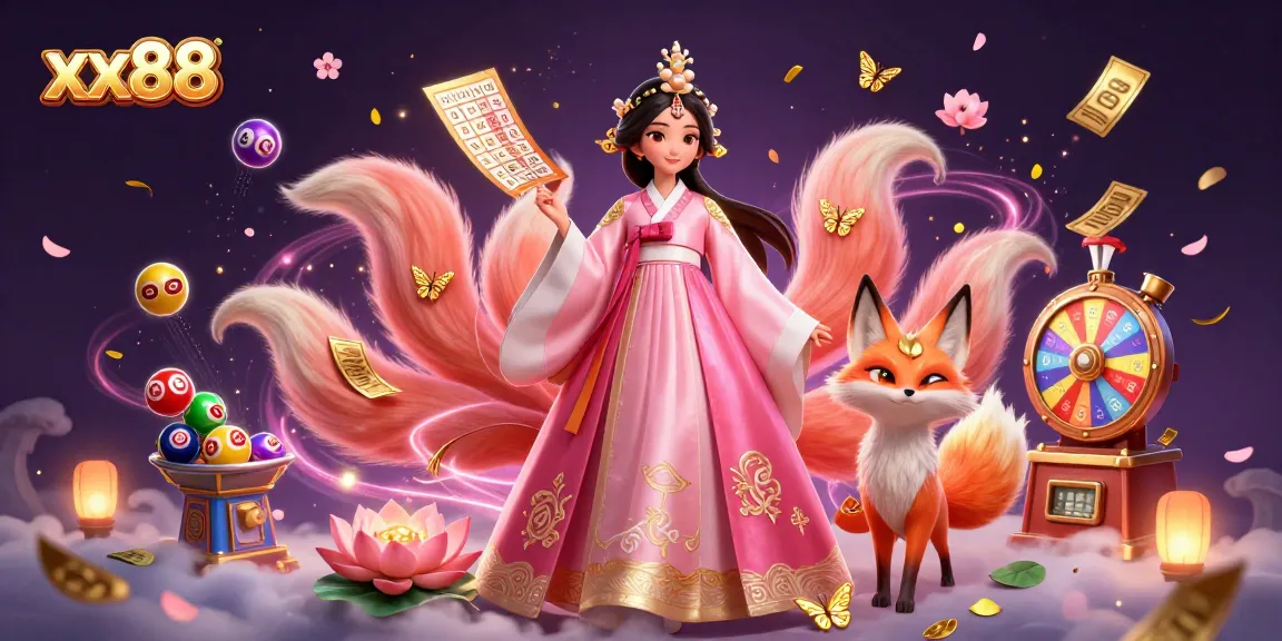 Engage with exciting gameplay at xx88 featuring a graceful Asian woman with a lucky fox amid vibrant casino elements.