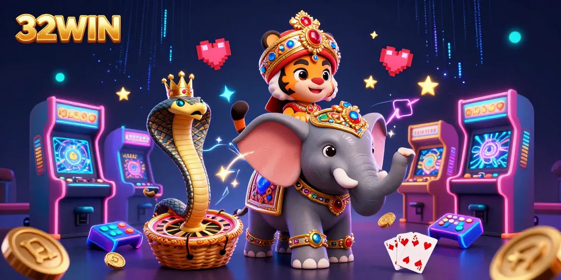 32WIN invites players to a vibrant casino experience with a tiger and elephant amidst dynamic game elements.