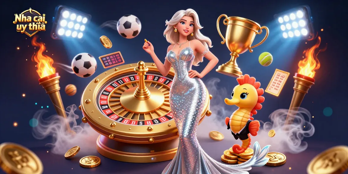 Nha cai uy tín showcases a stunning woman beside a golden roulette wheel, vibrant sports elements surrounding her.
