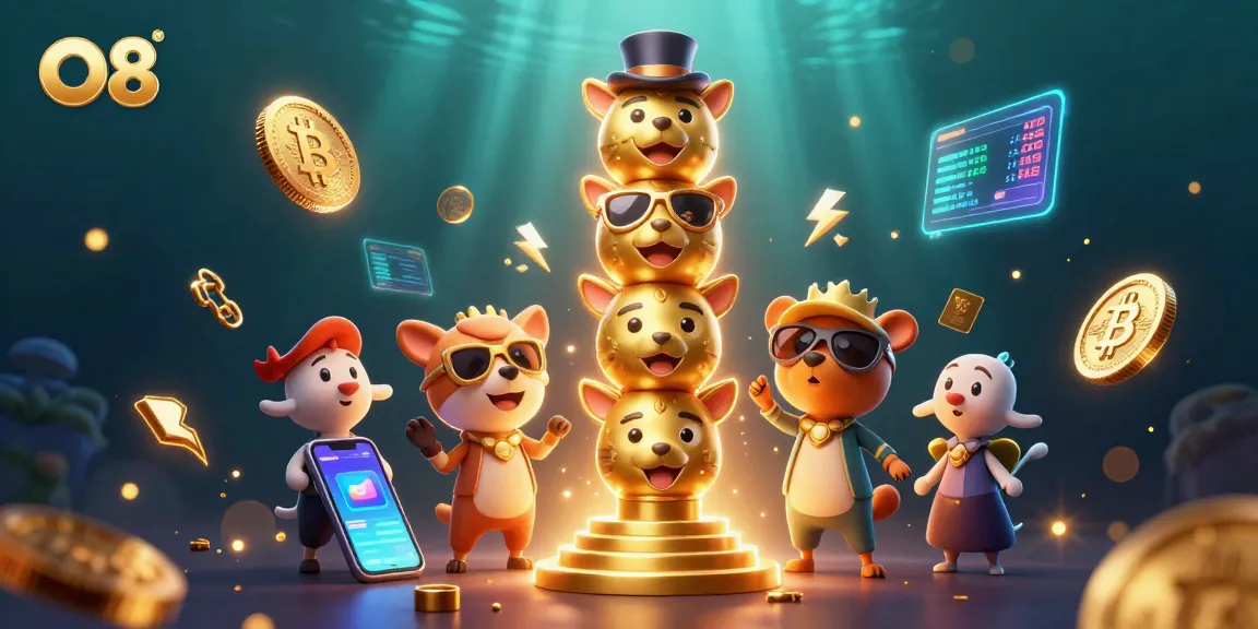 Win big with O8's vibrant casino illustration featuring a golden totem pole and crypto elements.