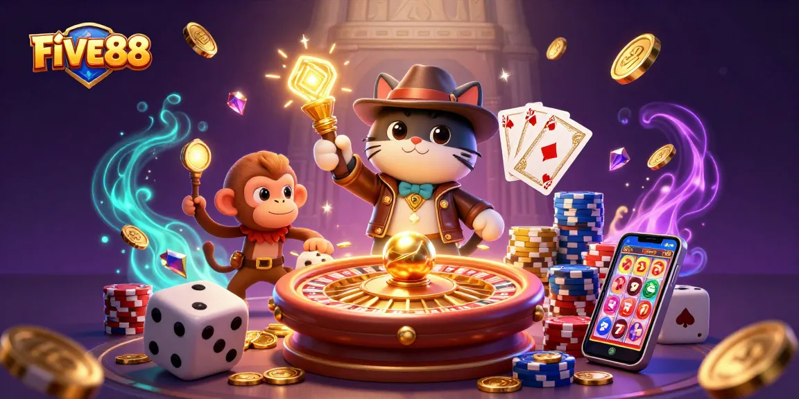 Experience the thrill of FIVE88 with a dynamic casino exploration scene featuring an archaeologist cat and a torch-bearing monkey.