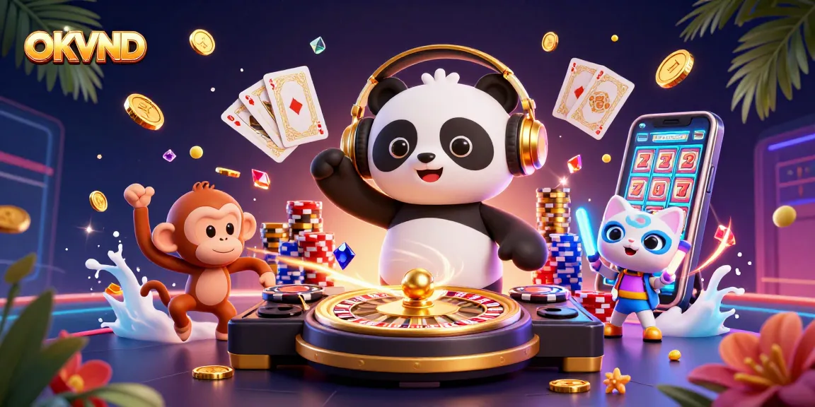Engage with OKVND through an electrifying 3D casino illustration showcasing vibrant characters and dynamic gaming elements.
