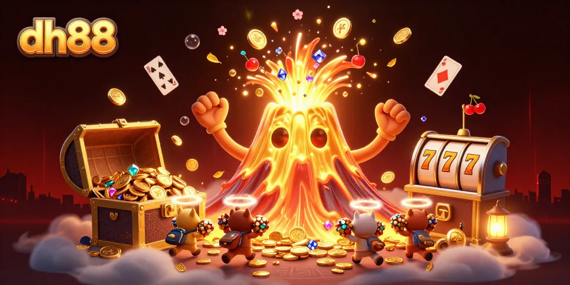 Experience the excitement of dh88 with golden coins erupting from a volcano amidst thrilling game elements.