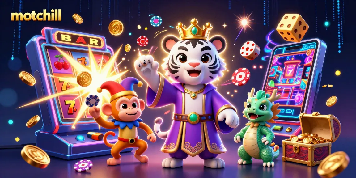 Motchill features a vibrant scene with a tiger and monkey enjoying casino games amid dynamic jackpots.