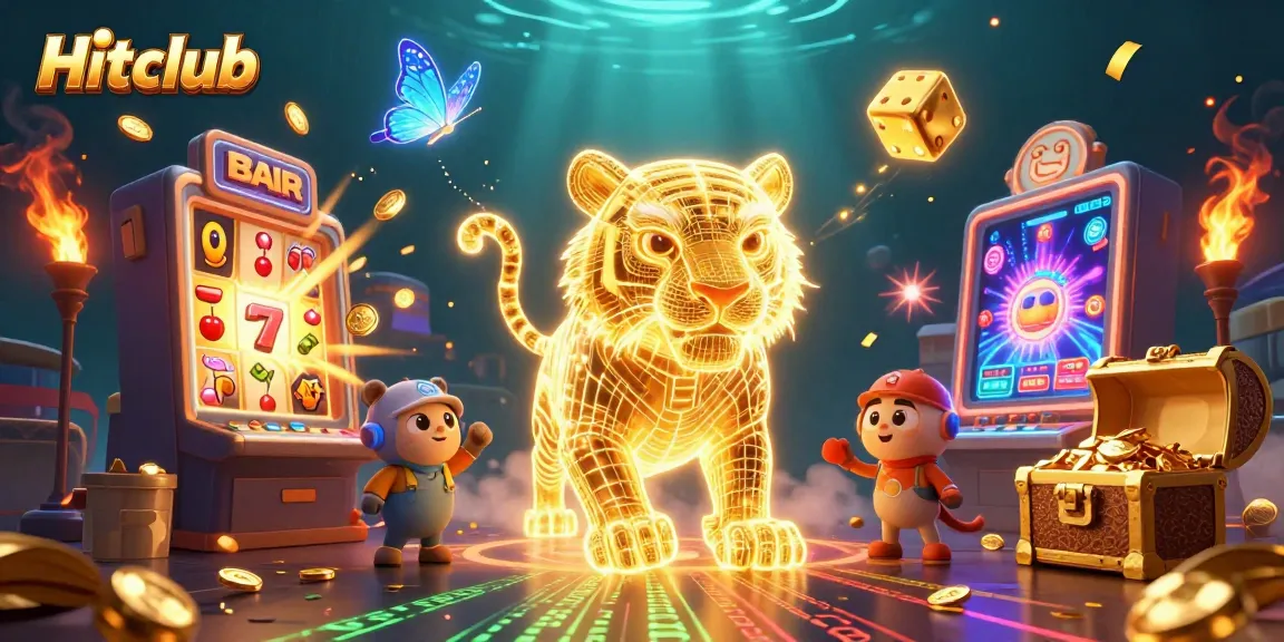 Join the thrilling action at Hitclub with vibrant slot machines and a golden tiger in a digital casino.