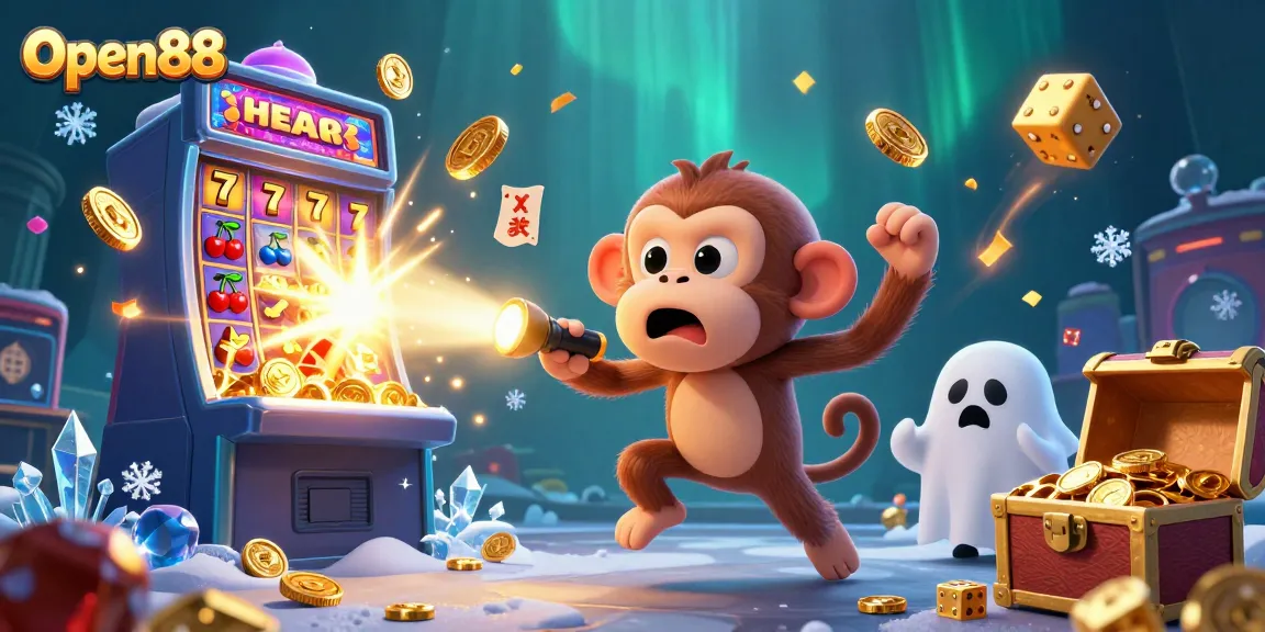 Open88 offers an exciting casino experience, showcasing a playful poltergeist monkey juggling golden treasures in a dynamic illustration.