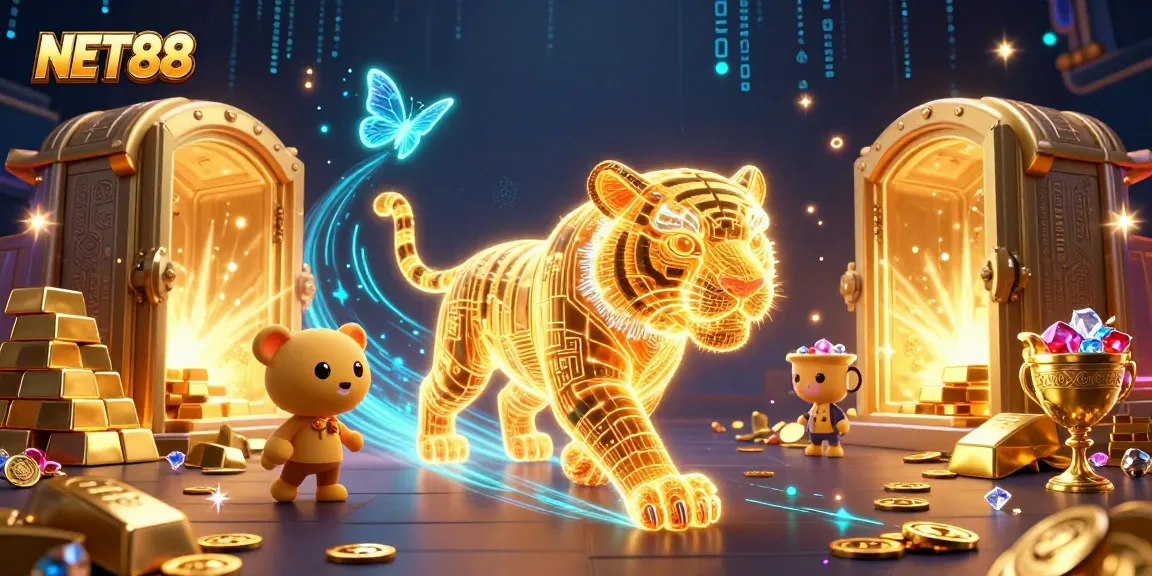 Engage with NET88's electrifying world, featuring a golden tiger and dazzling treasures in a digital casino