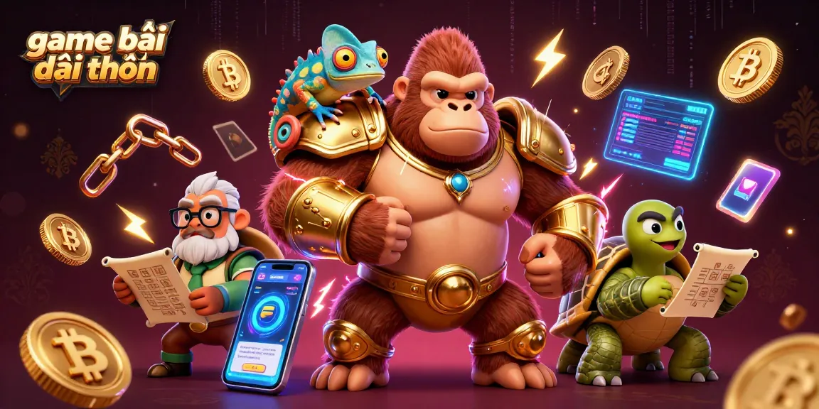 Engage in thrilling game bài đổi thưởng adventures with vibrant 3D characters amidst glowing crypto icons.