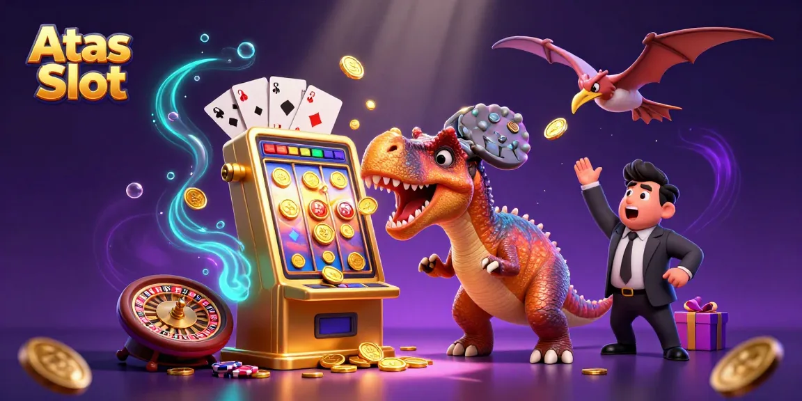 Engage with Atas Slot as a dinosaur heads for a jackpot, amidst golden coins and vibrant game elements.