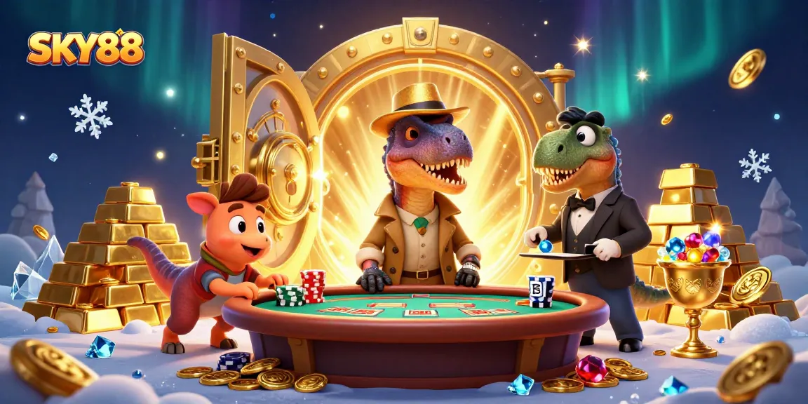 SKY88 Casino features a velociraptor card counter at a blackjack table amidst treasures.