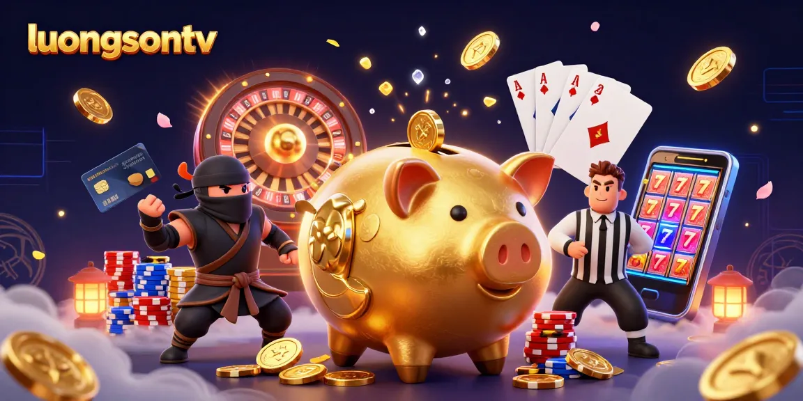 Luongsontv showcases online betting excitement with a dynamic golden piggy bank and vibrant casino elements.