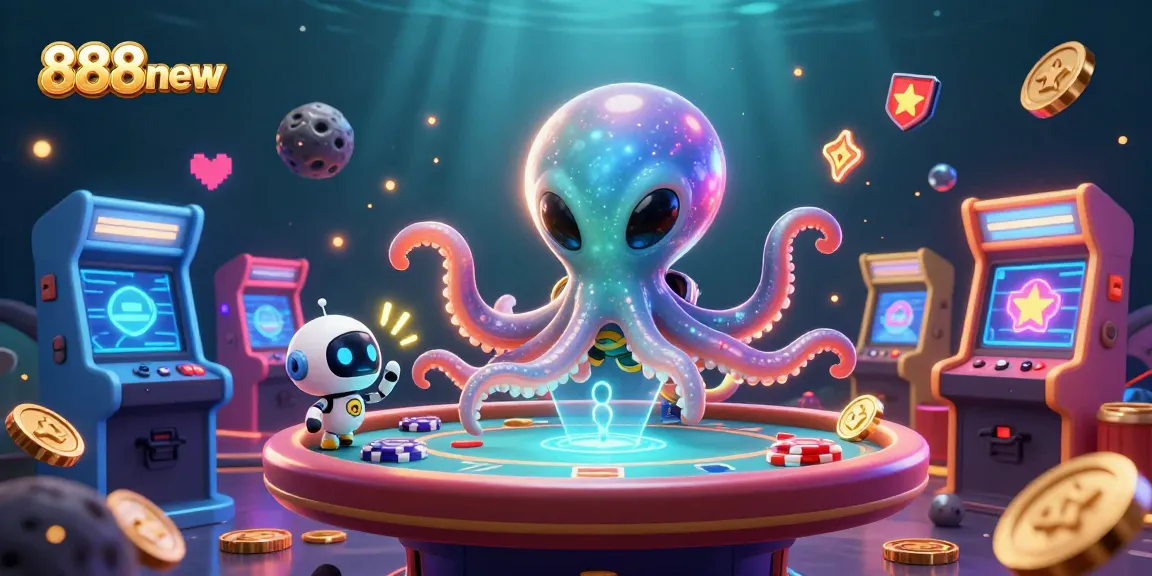 Engage with 888new by winning big at the floating holographic poker table with vibrant arcade elements.