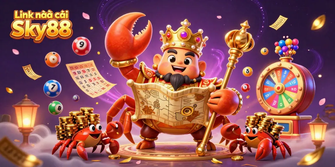 Experience excitement at Link nhà cái Sky88 with a dynamic scene of a lavish 3D cartoon crab emperor and golden treasures.