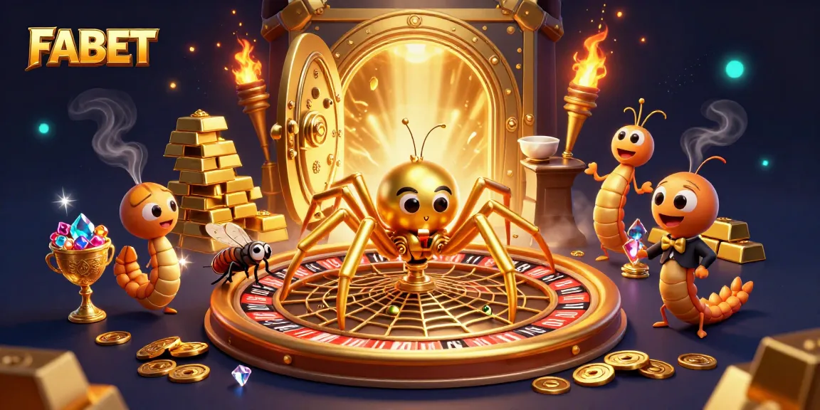 FABET inspires excitement as a cartoon spider spins a roulette wheel of fortune in this vivid gambling illustration.