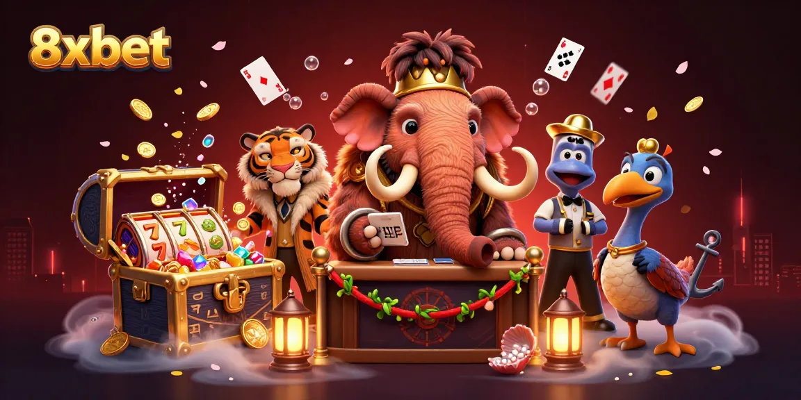 Feel the excitement at 8xbet as plush characters welcome you to a vibrant casino adventure.
