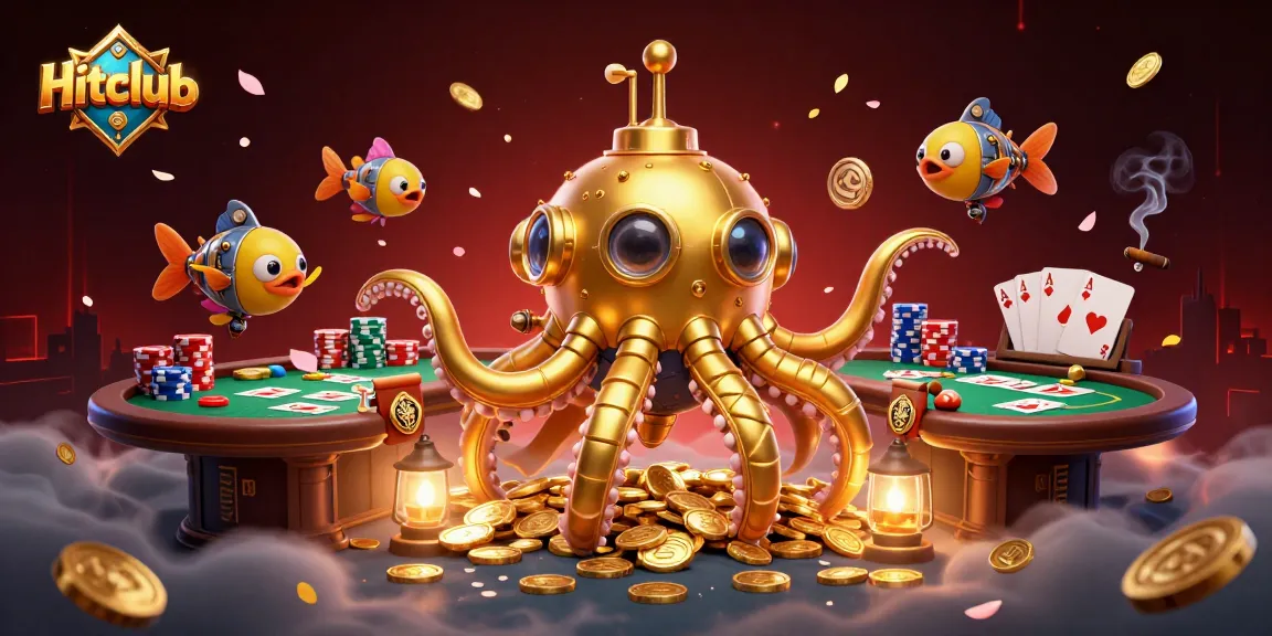 Engage with Hitclub's vibrant illustration showcasing a golden kraken and poker elements.