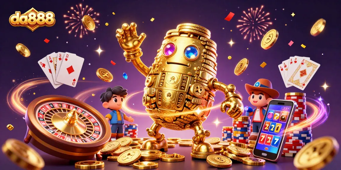 Experience thrilling gaming at da888 with a dynamic scene featuring golden golem, dazzling coins, and slot reels.