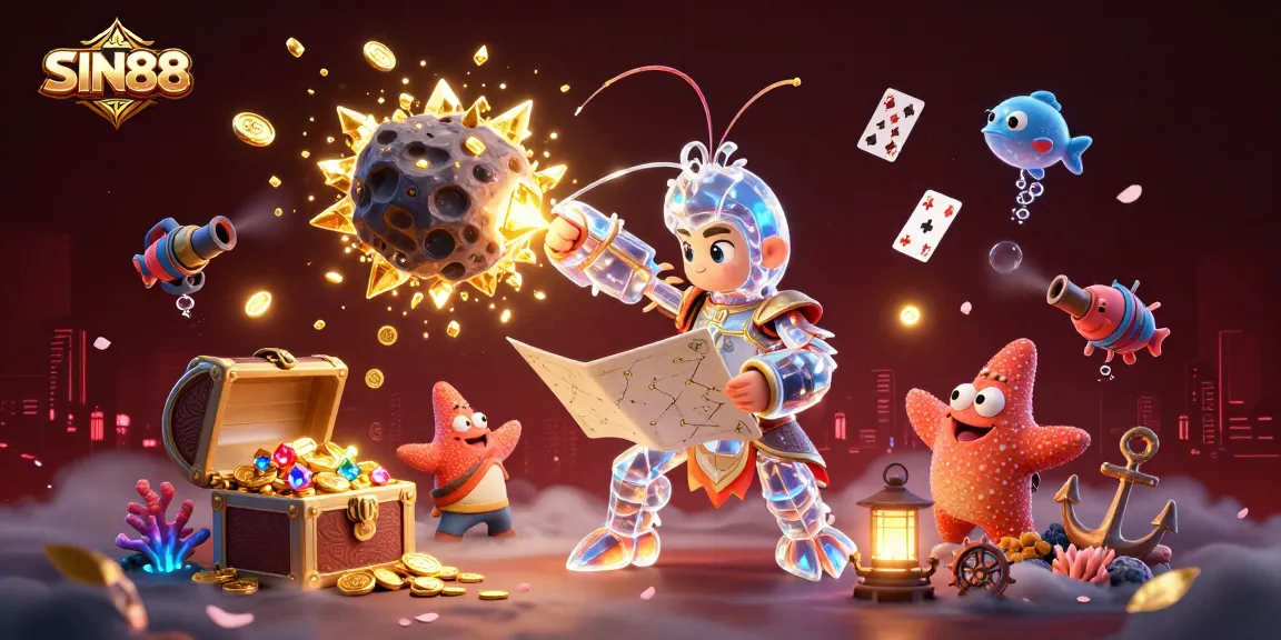SIN88 showcases a captivating 3D scene with a galactic samurai mantis shrimp and starfish amidst a rich casino-themed backdrop.